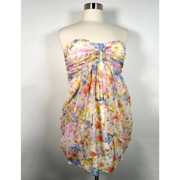 NEW! Jill Stuart Floral Chiffon Tunic Mini Dress 12 Pink Strapless Draped Ruched - Picture 1 of 9